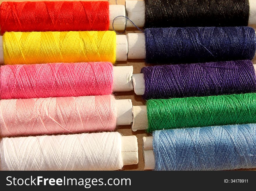 Close up of the variety of colorful threads