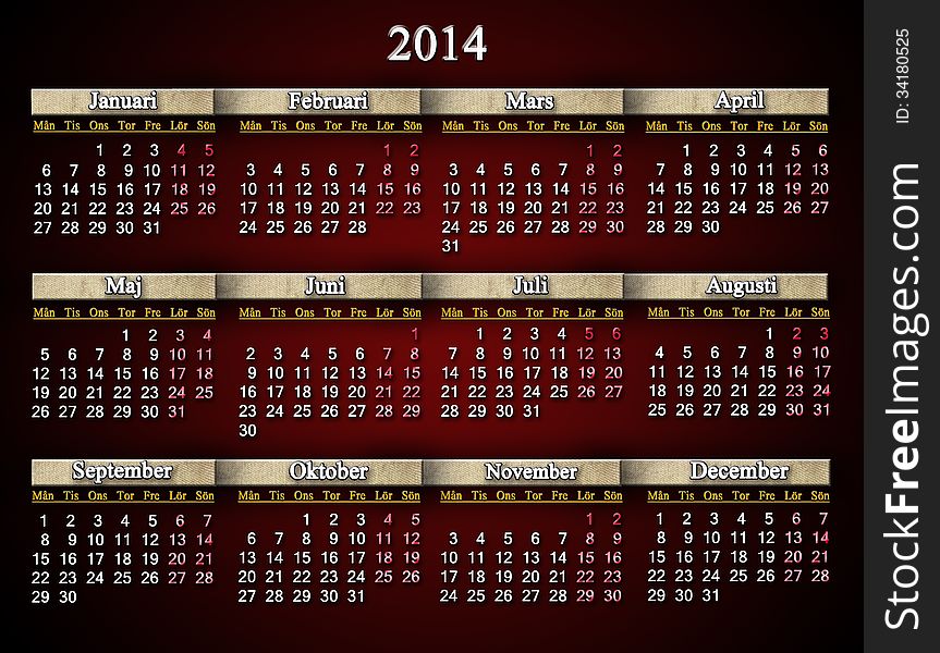 Beautiful Claret Calendar For 2014 Year In Swedish