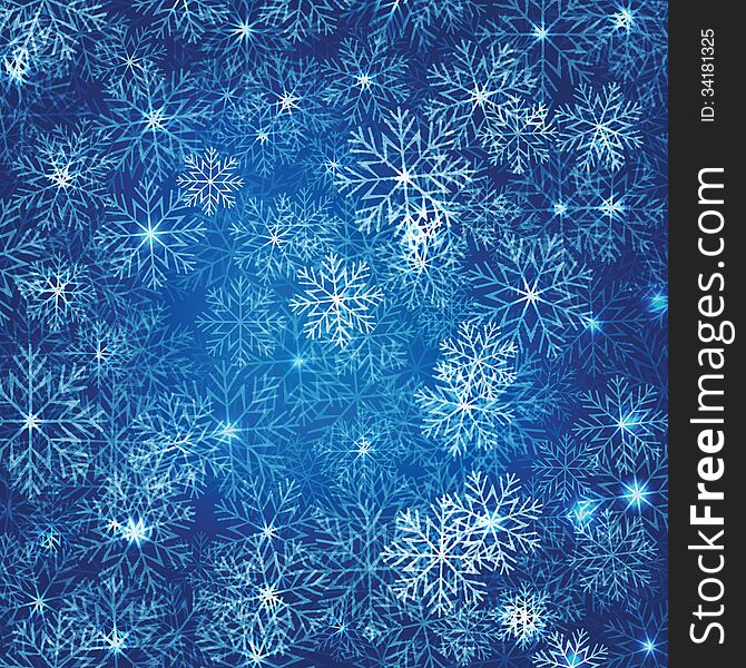 Christmas background in blue dark with magic lights and snowflakes
