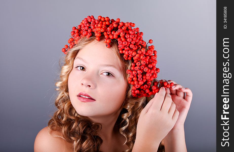 Beautiful girl with diadem from Rowan Berries. Beautiful girl with diadem from Rowan Berries