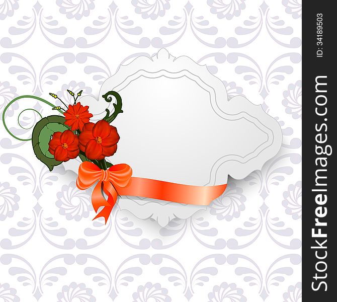 Vintage frame vignette with flowers, bow and ribbon on a patterned background. Vector illustration.