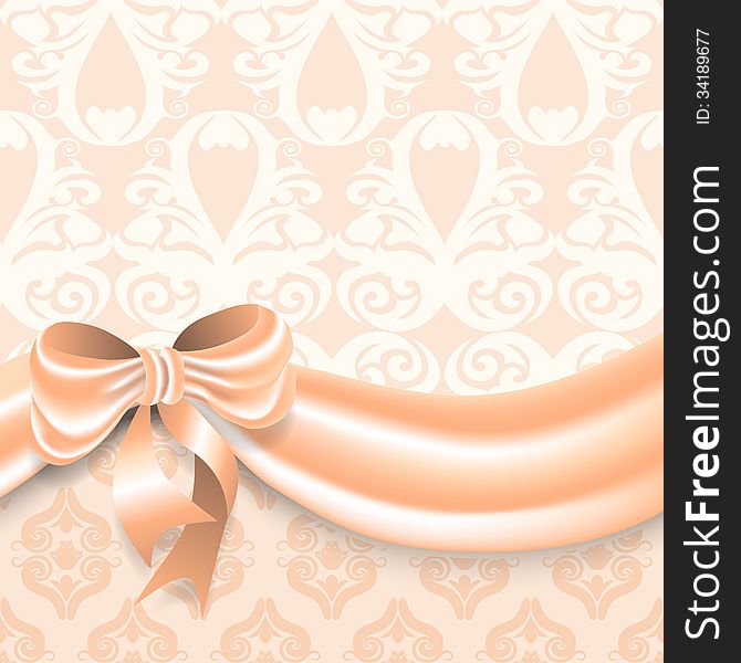 Elegant greeting card with delicate silk ribbon and bow. Vector illustration.