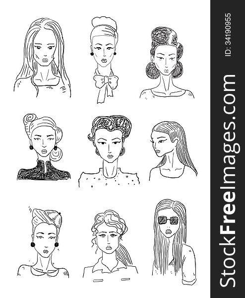 Hand drawn woman sketchy portraits