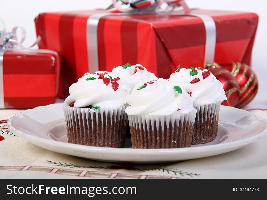 Christmas holiday chocolate and vanilla cupcake sweets. Christmas holiday chocolate and vanilla cupcake sweets