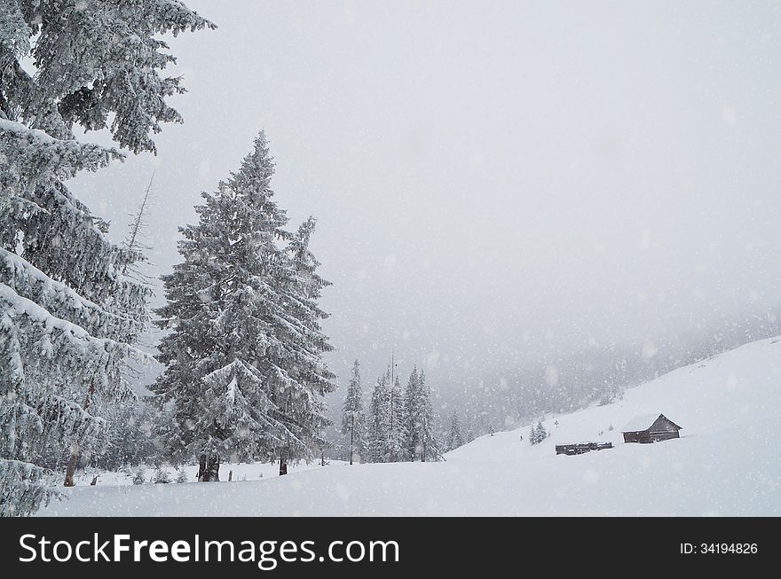 Winter landscape with snowfall in the mountains