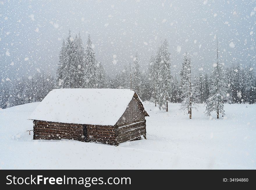 Winter landscape with a mountain hut and snowfall. Carpathians, Ukraine. Winter landscape with a mountain hut and snowfall. Carpathians, Ukraine