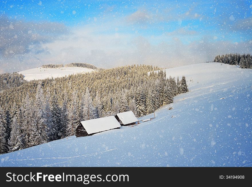 Fabulous mountain valley in winter with snow. Christmas theme. Fabulous mountain valley in winter with snow. Christmas theme