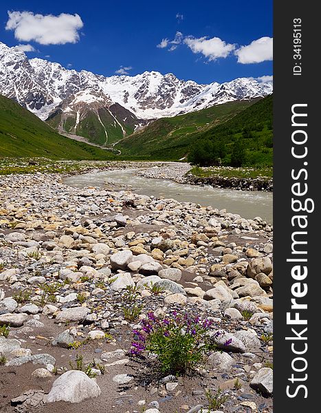 Mountain Valley. Shkhara Ridge Mountains, Georgia, Caucasus. Mountain Valley. Shkhara Ridge Mountains, Georgia, Caucasus