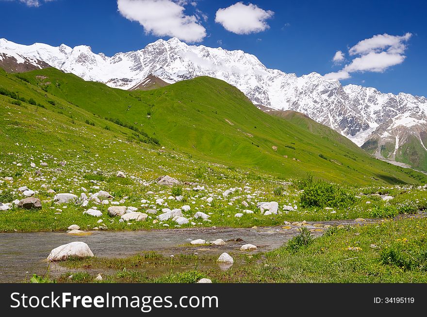 Summer landscape with river under snow-covered mountain. Shkhara Mountain, Georgia, the Main Caucasian Ridge. Summer landscape with river under snow-covered mountain. Shkhara Mountain, Georgia, the Main Caucasian Ridge