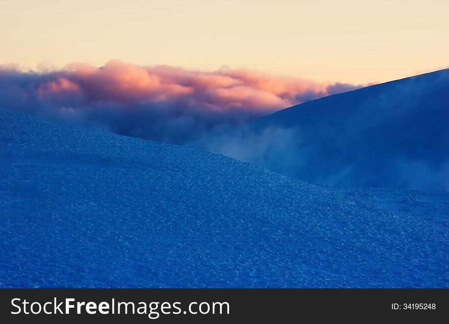 Abstract winter landscape in the frosty morning in the mountains. Abstract winter landscape in the frosty morning in the mountains