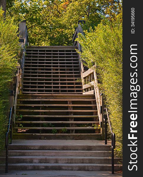 Park upper level wooden staircase built as a deck