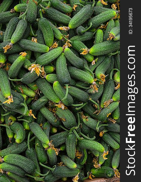 Full frame of gherkins background - heap of gherkins in cardboard box, ready for sale
