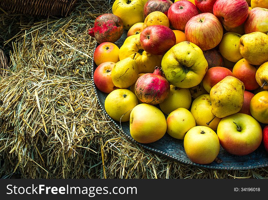 Dish of assorted apples on straw