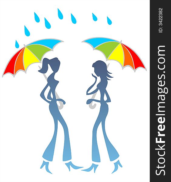 Two stylized girls under umbrellas talk under a rain. Two stylized girls under umbrellas talk under a rain.