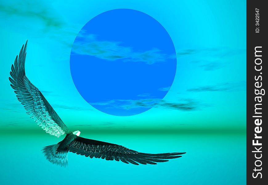 Eagle flying towards the sun in this blue illustration. Eagle flying towards the sun in this blue illustration