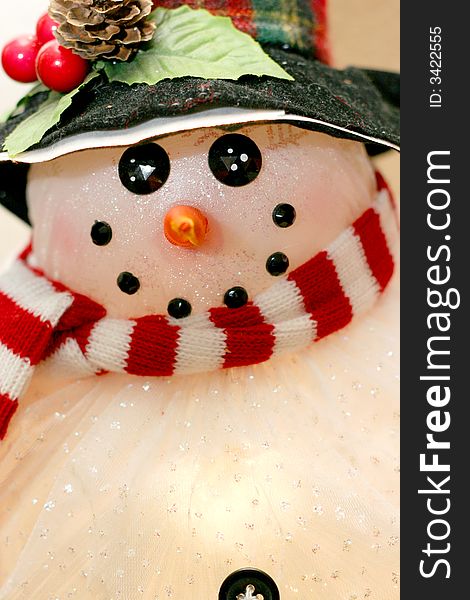 Close view of Snowman with red and white scarf, green hat with adornments.  Black beads for mouth and eyes and a carrot nose.  Fiberoptic lights. Close view of Snowman with red and white scarf, green hat with adornments.  Black beads for mouth and eyes and a carrot nose.  Fiberoptic lights