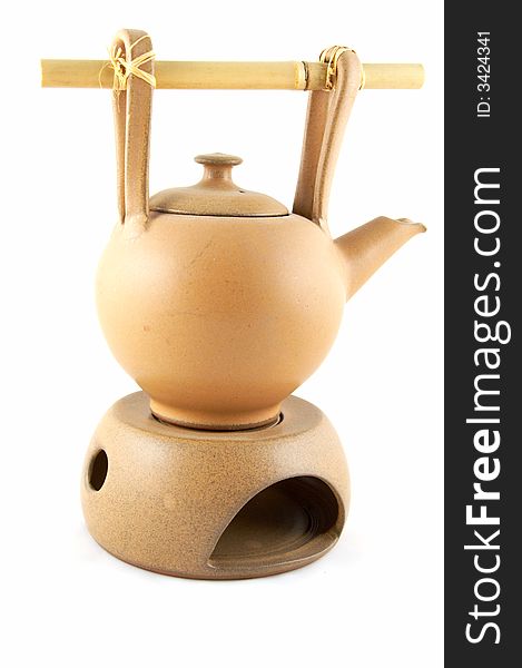 A teapot with heating from a candle, for green tea.