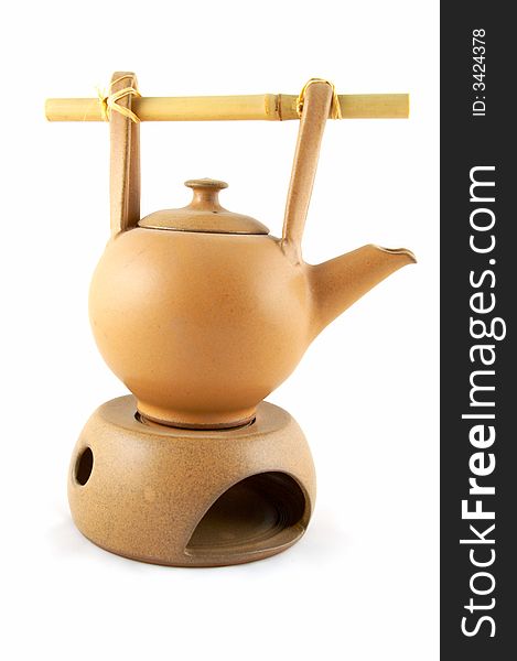 A teapot with heating from a candle, for green tea.