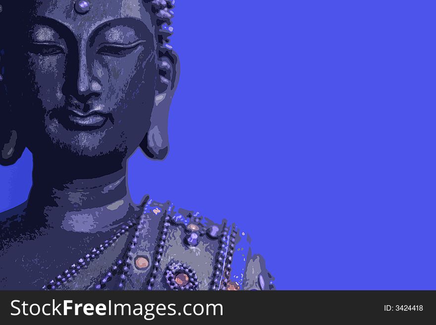 Close up of a buddha statue head with blue background,illustration