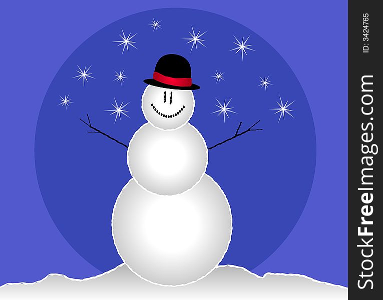 A clip art illustration of a snowman wearing a black and red hat, simple facial features and stick arms, set against blue two-tone blue background and shining stars or snowflakes. A clip art illustration of a snowman wearing a black and red hat, simple facial features and stick arms, set against blue two-tone blue background and shining stars or snowflakes