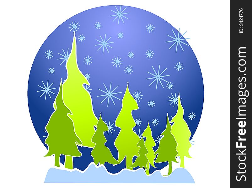 A clip art illustration of abstract looking Christmas trees with snowflakes falling set against blue background at night. A clip art illustration of abstract looking Christmas trees with snowflakes falling set against blue background at night