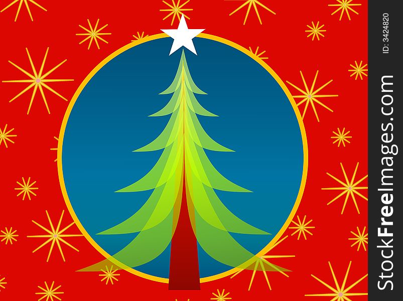 A clip art illustration of a green opaque Christmas tree set against blue and red background with stars. A clip art illustration of a green opaque Christmas tree set against blue and red background with stars