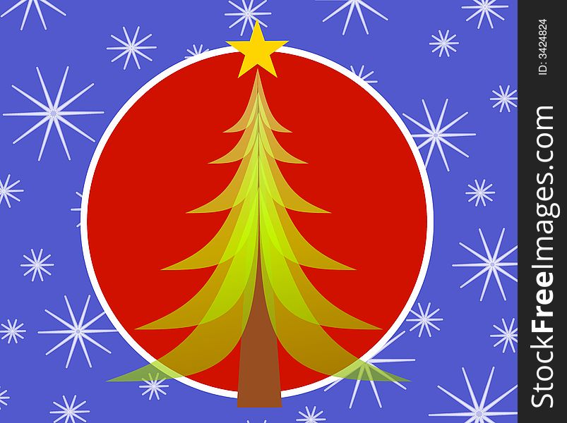 A clip art illustration of a green opaque Christmas tree set against blue and red background with stars. A clip art illustration of a green opaque Christmas tree set against blue and red background with stars