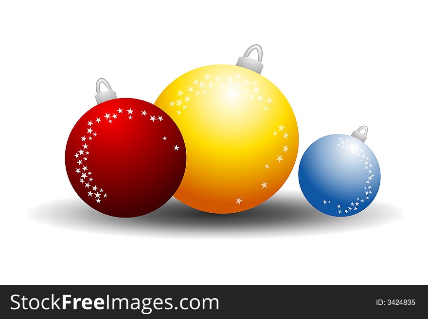 A clip art illustration of 3 Christmas ornaments in bold colors with shadow effect isolated on white background. A clip art illustration of 3 Christmas ornaments in bold colors with shadow effect isolated on white background