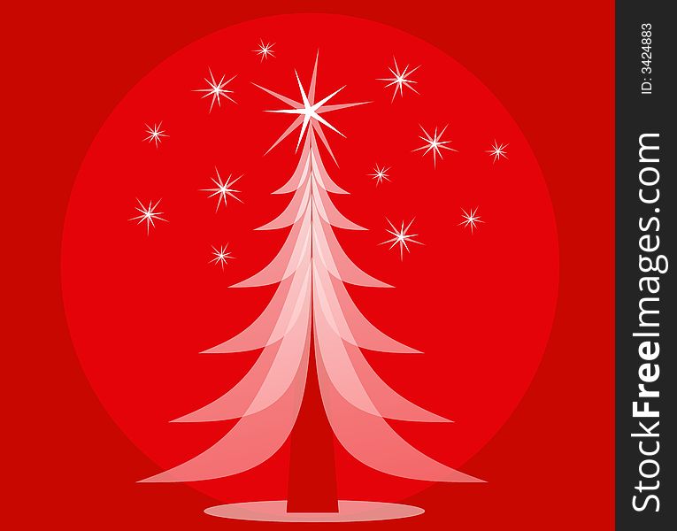 A clip art illustration of a white opaque Christmas tree set against red background with stars. A clip art illustration of a white opaque Christmas tree set against red background with stars