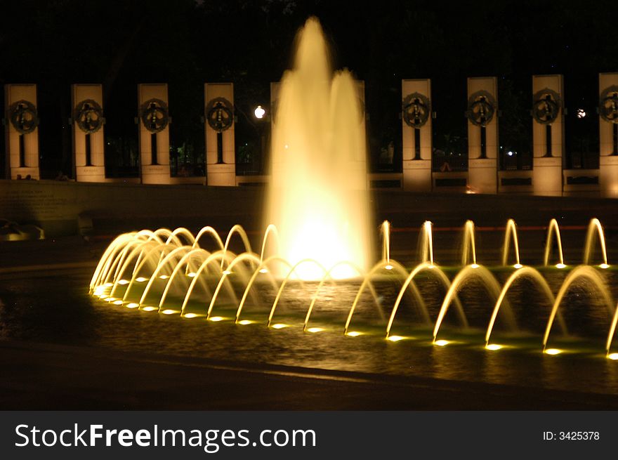 The World War Two memorial at night in Washington DC. The World War Two memorial at night in Washington DC