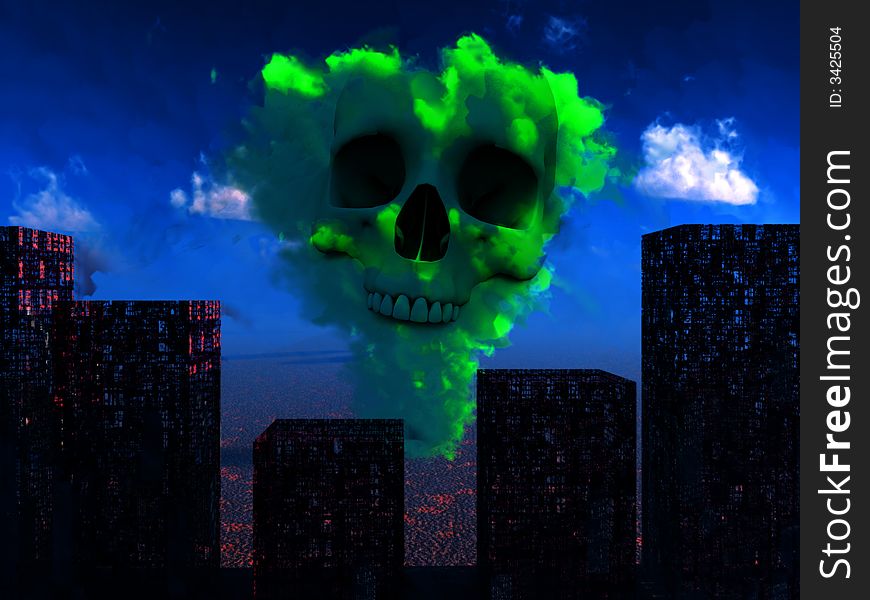 An image of a nuclear blast that has destroyed a city. With an added skull symbol. An image of a nuclear blast that has destroyed a city. With an added skull symbol.