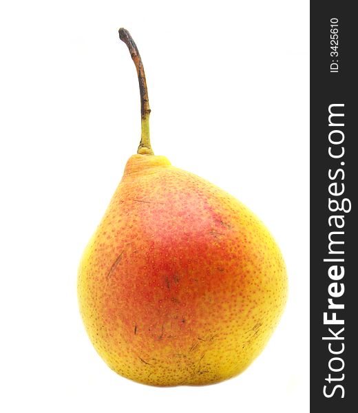 Beautiful, colorful pear. It has a tail. 
Isolated on a white background. Beautiful, colorful pear. It has a tail. 
Isolated on a white background.