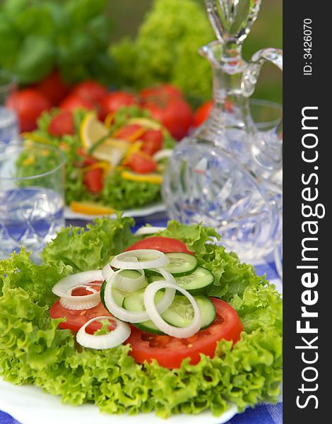 Delicious vegetable salad with tomato, onion and cucumber. Delicious vegetable salad with tomato, onion and cucumber