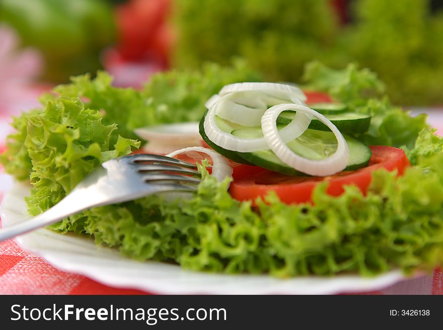 Delicious vegetable salad with tomato, onion and cucumber. Delicious vegetable salad with tomato, onion and cucumber