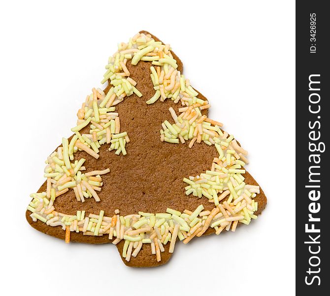 Decorated gingerbread christmas cookie on white background. Decorated gingerbread christmas cookie on white background