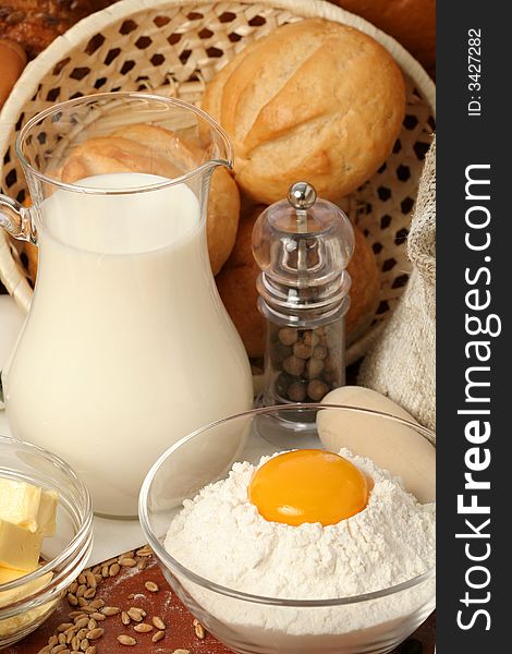 Jug of milk, butter and flour with yolk textarea> Comment for editor: