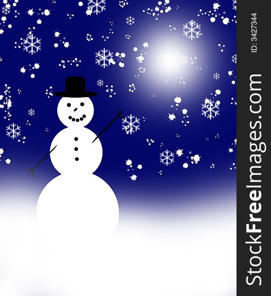 A happy snowman in front of a snow dark blue sky. A happy snowman in front of a snow dark blue sky.
