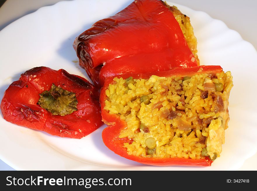 Red peppers stuffed with rice and vegetables