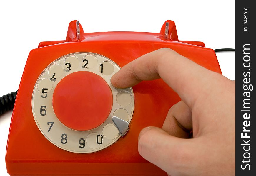 Hand and retro telephone, isolated on white background