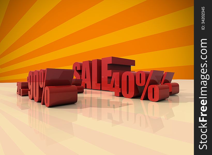 Sale discount set with percents and volume 3D font on orange background