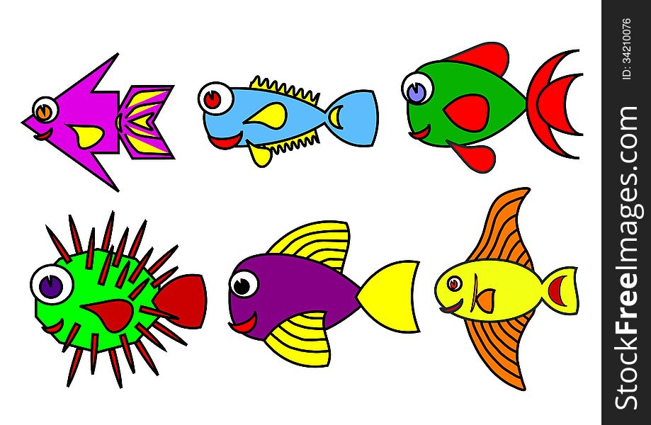 Hand drawn brightly colored cartoon fish