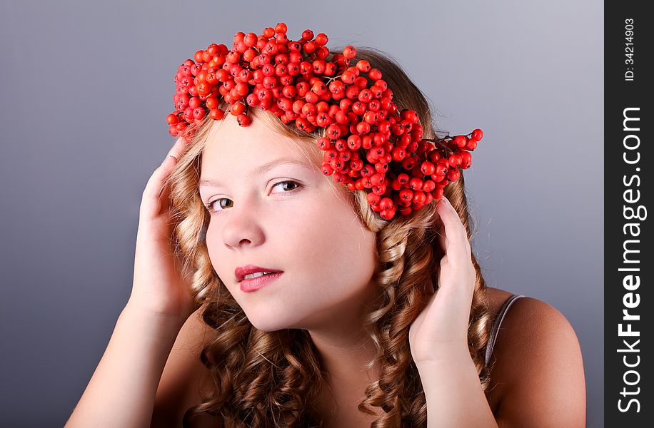 Beautiful girl with diadem from Rowan Berries. Beautiful girl with diadem from Rowan Berries