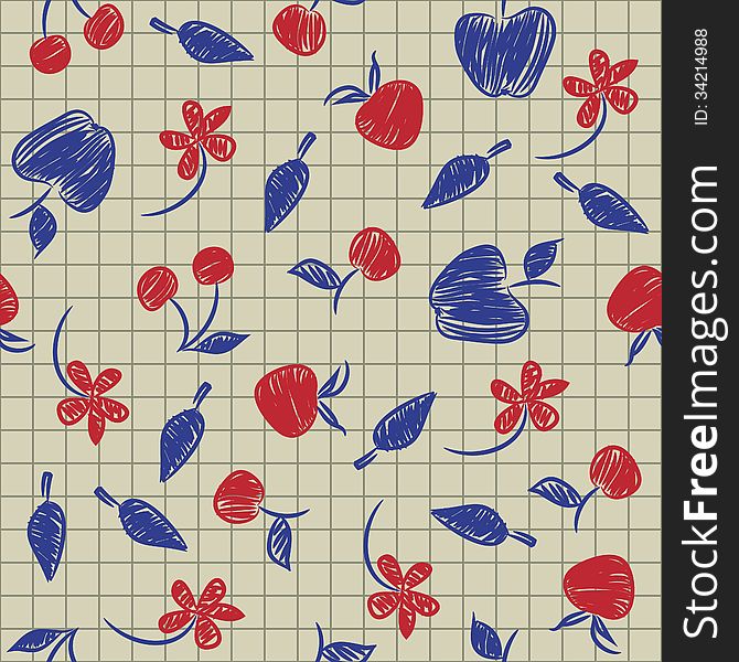 Seamless pattern sketch with fruit and berries painted on a paper.