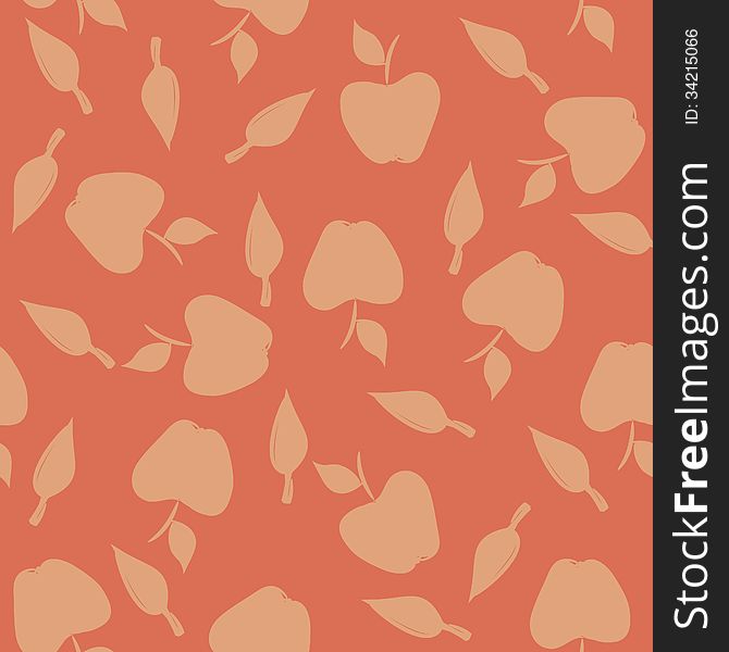 Seamless pattern with silhouettes apples and leaves on a red background.