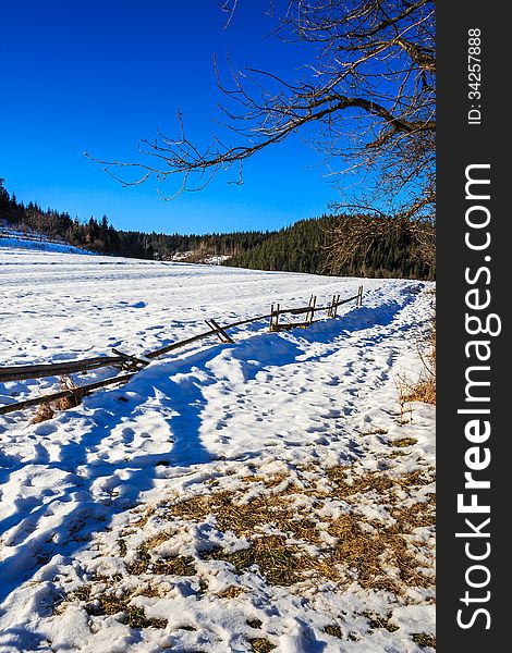 Fence along a snow-covered mountain slope near the forest fell on its side. Fence along a snow-covered mountain slope near the forest fell on its side