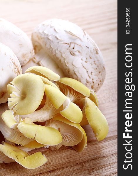 Various types of mushrooms on wooden background of chestnut