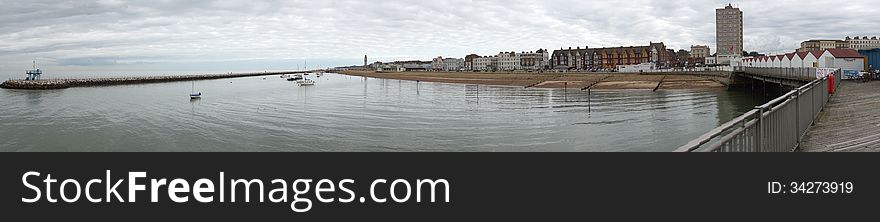 A panoramic shot of Herne Bay from standing on the pier, Reculver Church can be made out in the back ground