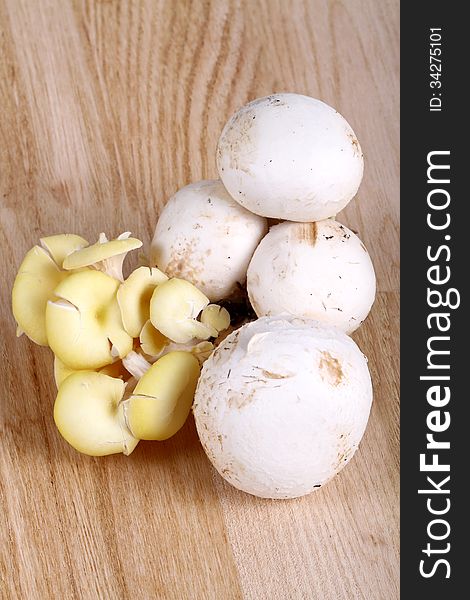 Various types of mushrooms on wooden background of chestnut