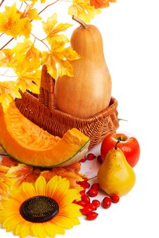 Autum Harvest Fruits And Vegetables In Basket With Yellow Leaves Royalty Free Stock Image