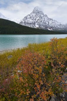 Mount Chephren And Waterflow Lake In Fall Color Royalty Free Stock Photo